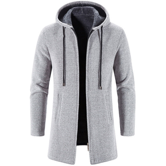 Herren langer Kapuzenstrickmantel mit Teddyfutter, durchgehendem Reißverschluss und seitlichen Eingrifftaschen Shop Nory