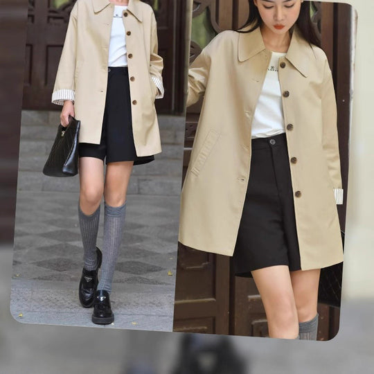 Damen Modische Übergangsjacke mit breitem Kragen und Knopfdetails Shop Nory