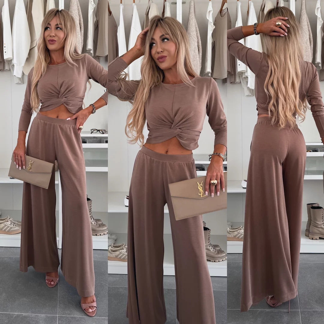 Damen figurnahes Twist-Cropped-Shirt mit weitem High-Waist Palazzo-Hose aus fließendem Jersey Shop Nory