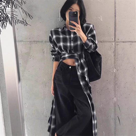 Damen Langes Karo-Hemd im Oversize‑Cut mit Taillen-Knotendetail und Seitenschlitzen Shop Nory