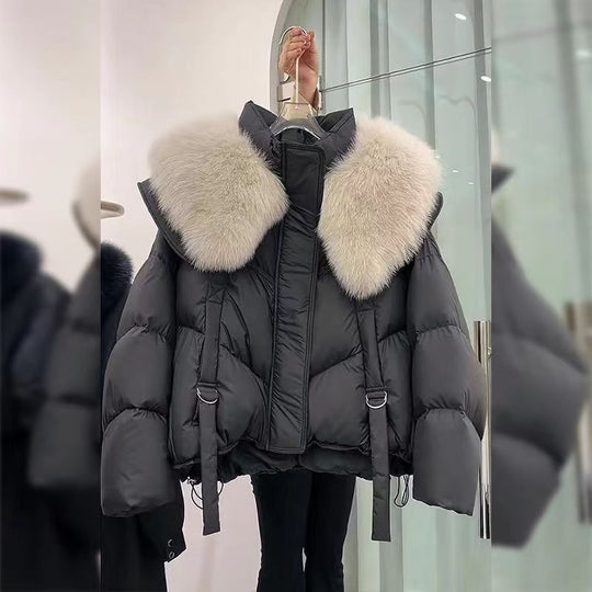 Damen nan kurze Thermo-Pufferjacke mit abnehmbarem Webpelzkragen, hochschließendem Stehkragen und Tunnelzugsaum Shop Nory