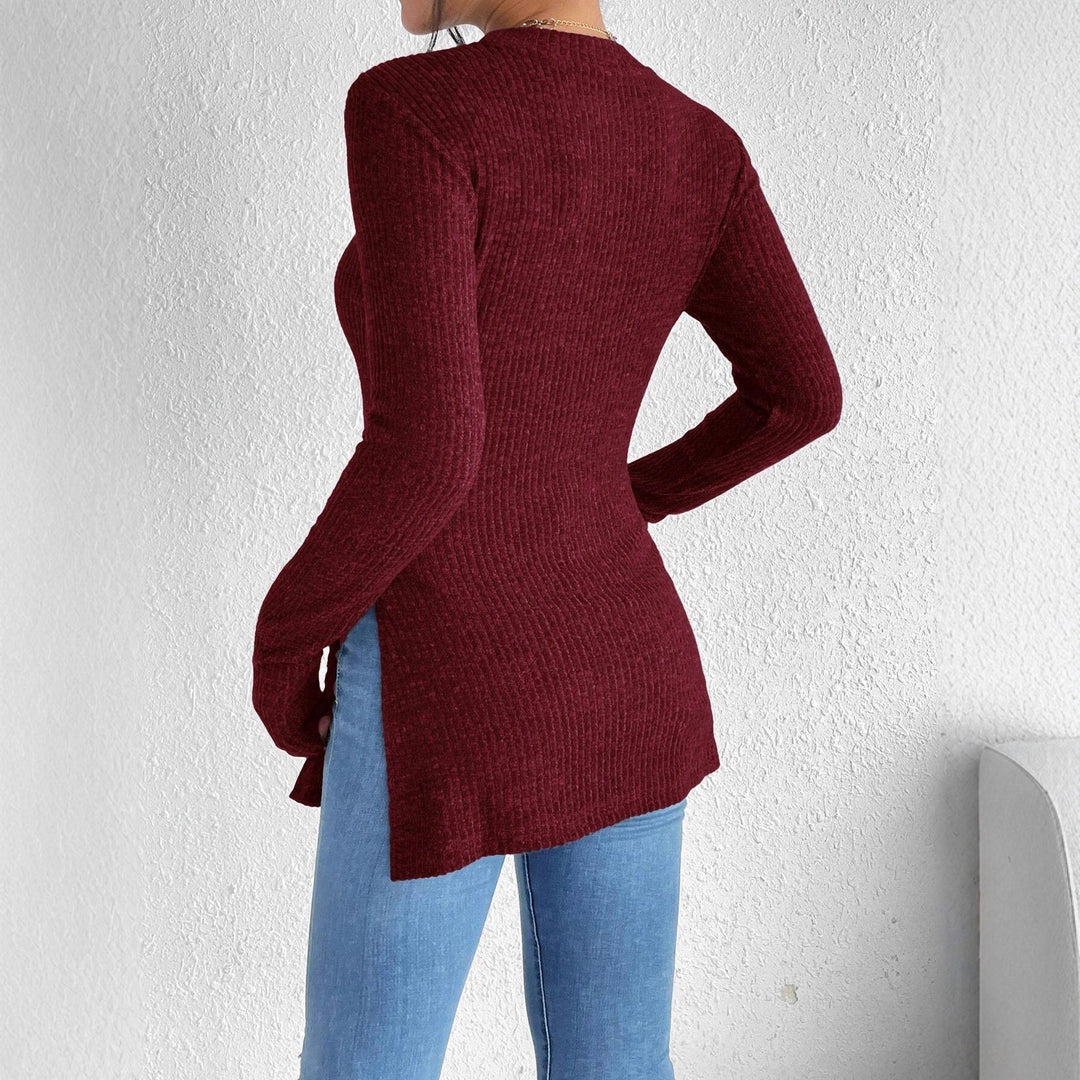 Damen Gerippter Taillierter Feinstrick-Pullover mit Stehkragen, langen Ärmeln und Seitenschlitzen Shop Nory