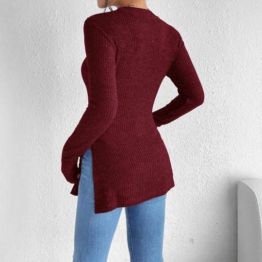 Damen Gerippter Taillierter Feinstrick-Pullover mit Stehkragen, langen Ärmeln und Seitenschlitzen Shop Nory