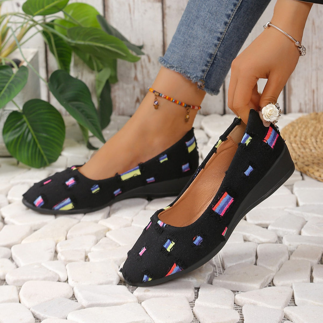 Damen Komfort-Ballerinas mit leichtem Keilabsatz, Materialmix und gepolstertem Fußbett Shop Nory