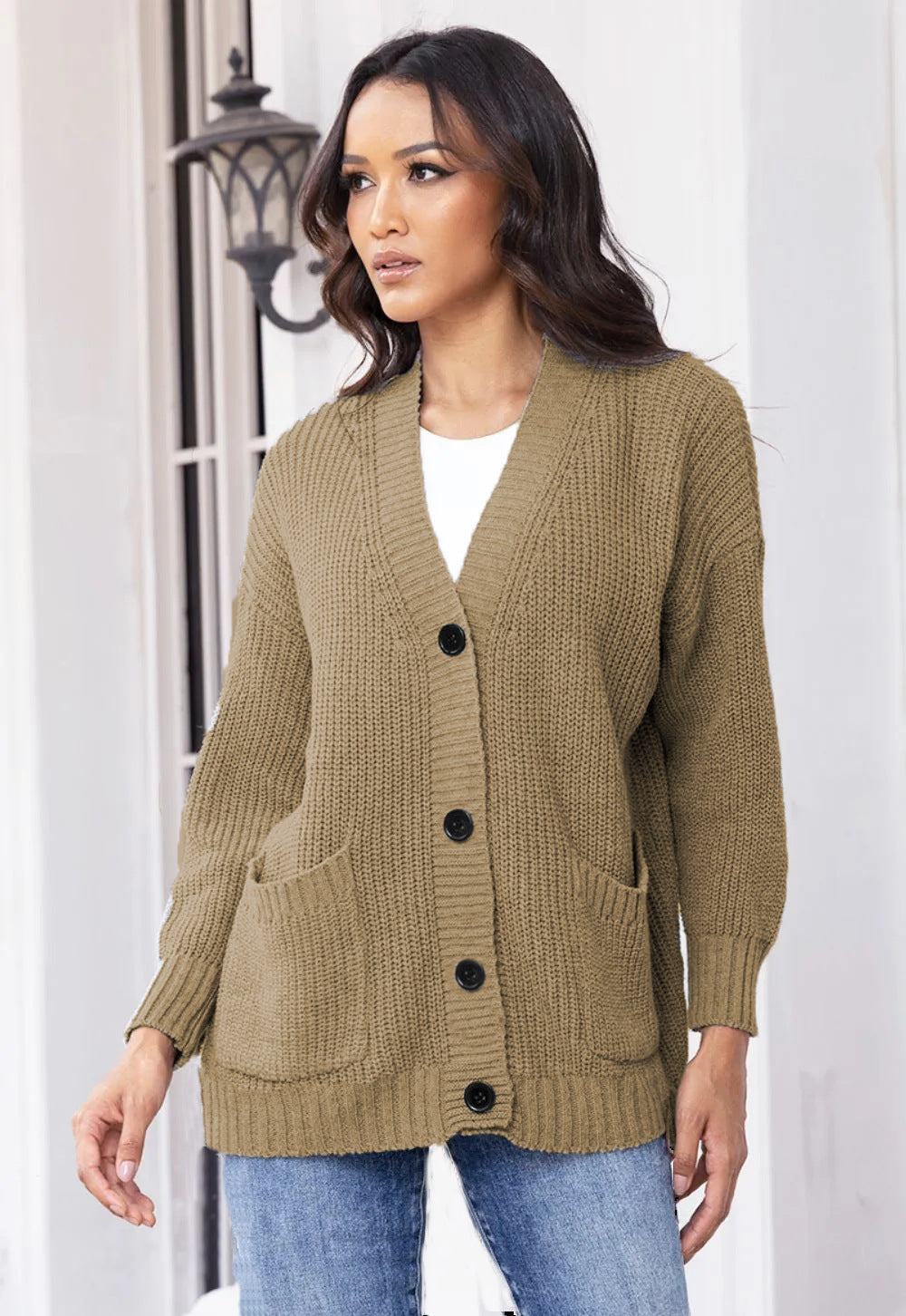 Damen Grobstrick-Cardigan mit praktischen Taschen und klassischem Knopfverschluss