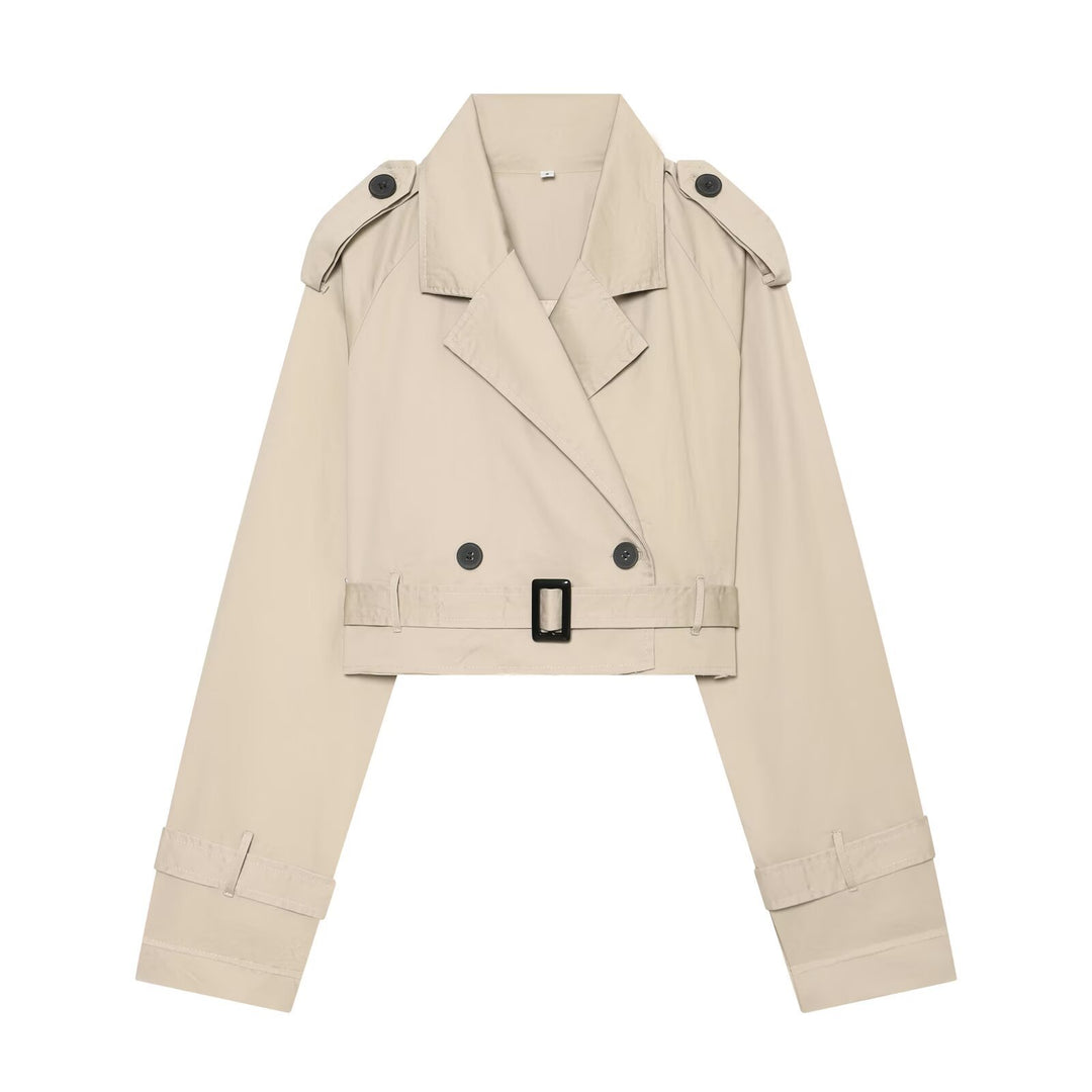 Damen Kurzblouson-Trench mit doppelreihiger Knopfleiste, Schulterpatten und Taillengürtel Shop Nory