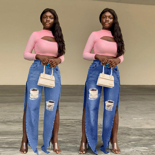 Damen Hochtaillierte Wide-Leg-Jeanshose mit Knie-Rissen und seitlichen Schlitzen Shop Nory