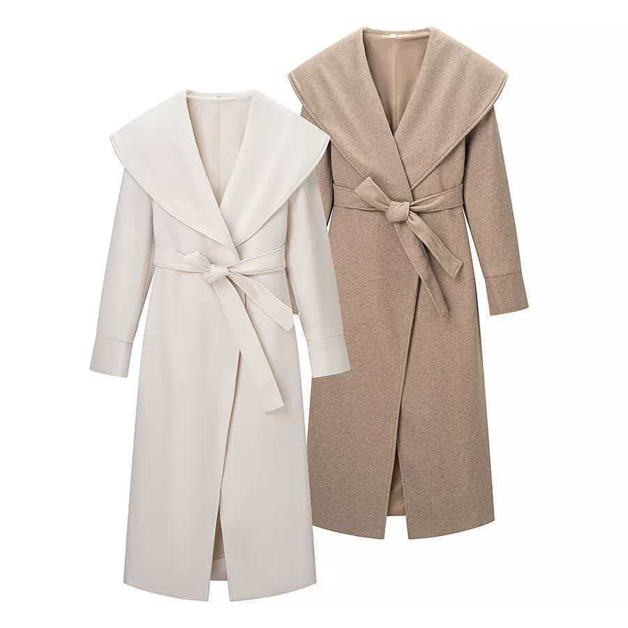 Damen Maxi-Mantel im Wickelstil mit breitem Schalkragen und Krempelärmeln Shop Nory
