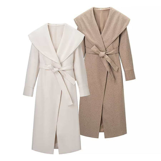 Damen Maxi-Mantel im Wickelstil mit breitem Schalkragen und Krempelärmeln Shop Nory