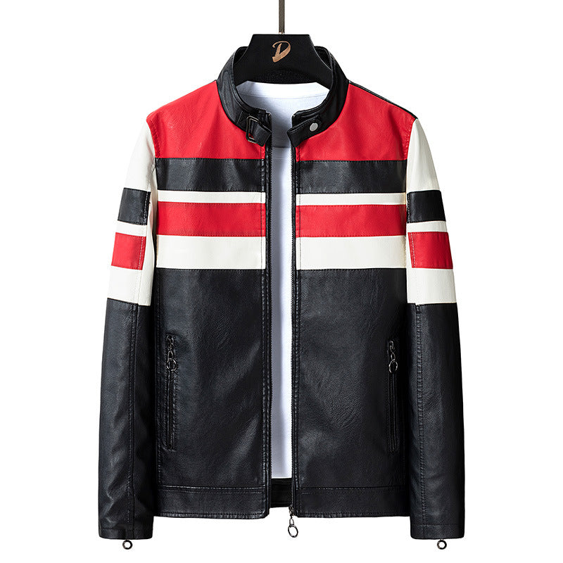 Herren Biker-Lederjacke im Racing-Look mit Kontraststreifen und Stehkragen Shop Nory