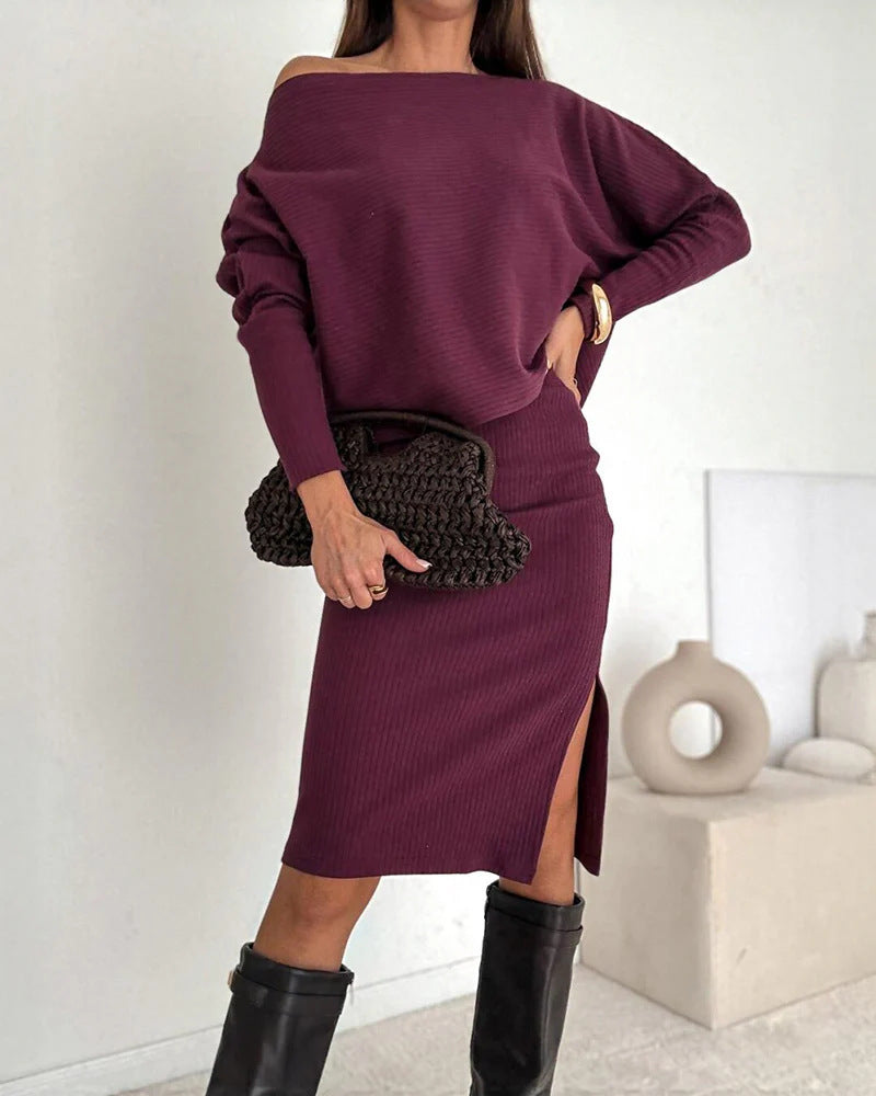 Damen Zweisitiges geripptes Strick-Set mit Off-Shoulder-Oversize-Pullover und tailliertem Midirock mit Seitenschlitz Shop Nory