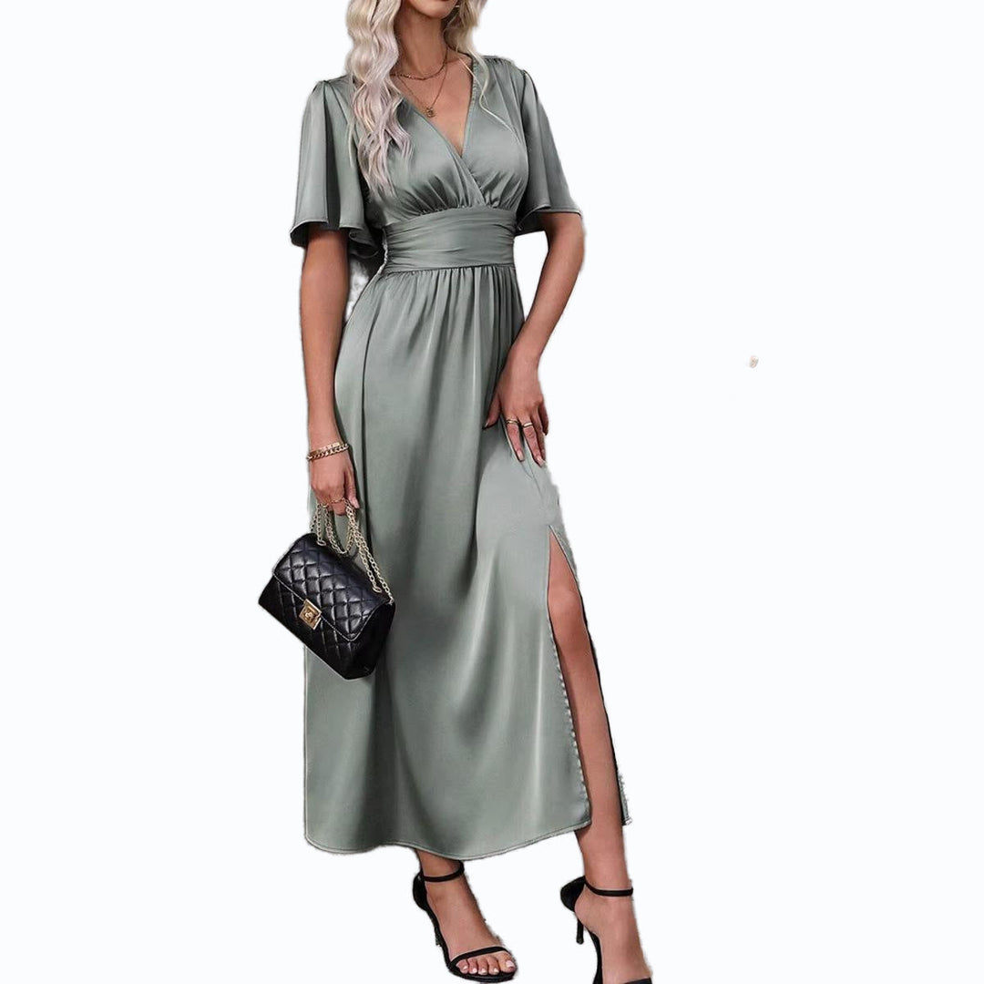 Damen Maxikleid mit elegantem V-Ausschnitt und fließenden Ärmeln Shopnory