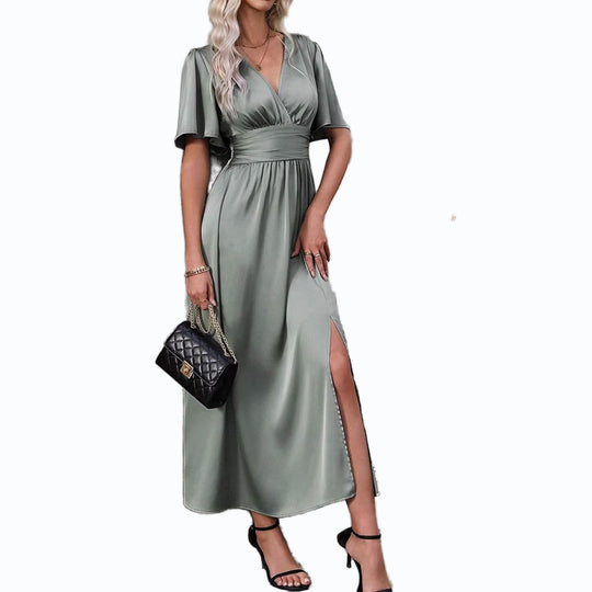 Damen Maxikleid mit elegantem V-Ausschnitt und fließenden Ärmeln Shopnory