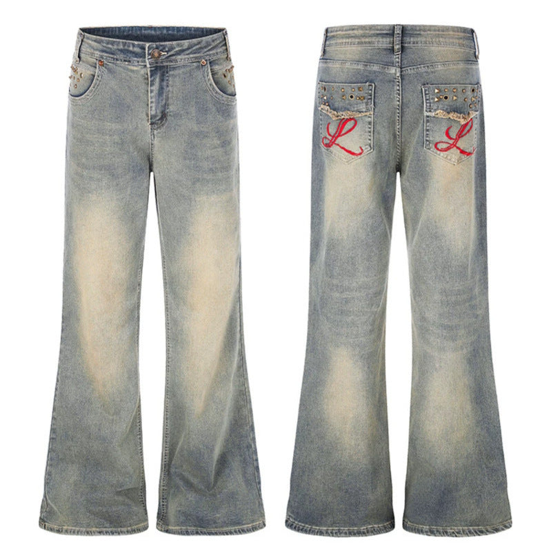 Damen Weite High‑Waist Flared-Jeans mit Used-Effekt, bestickten Gesäßtaschen und Nieten Shop Nory