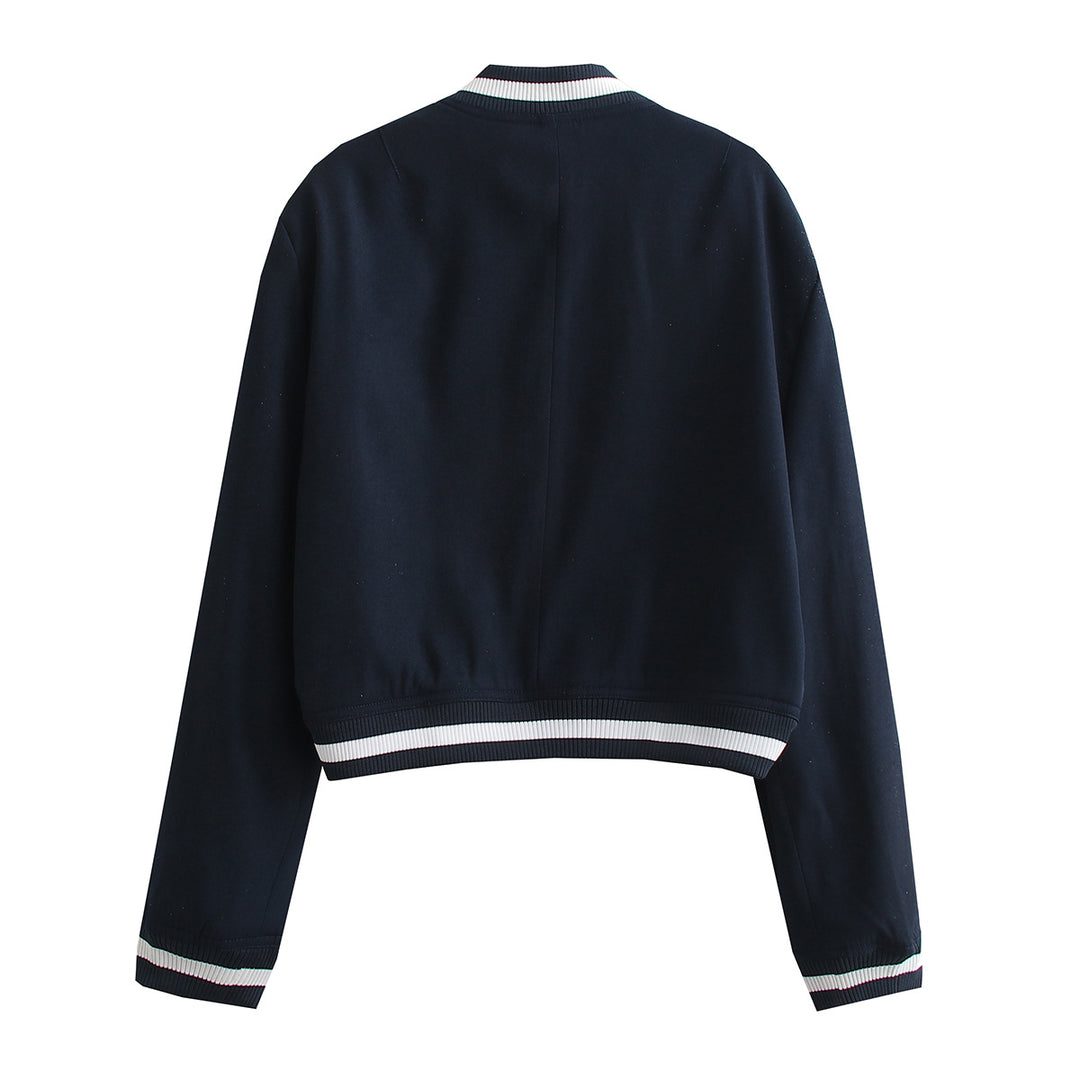 Damen Kurz geschnittene Collegejacke mit Rippbündchen und Druckknöpfen Shop Nory