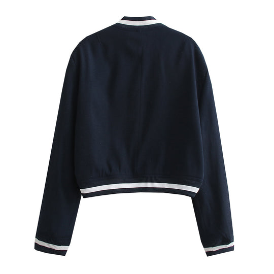 Damen Kurz geschnittene Collegejacke mit Rippbündchen und Druckknöpfen Shop Nory