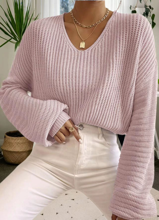 Damen V-Pullover mit weiten Ärmeln und strukturiertem Strickmuster