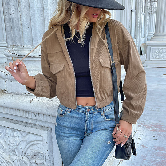 Damen Lässige Cordjacke mit Kapuze Shop Nory