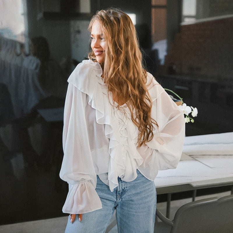 Damen Luftige Rüschenbluse aus Chiffon mit Oversize-Schnitten Shopnory
