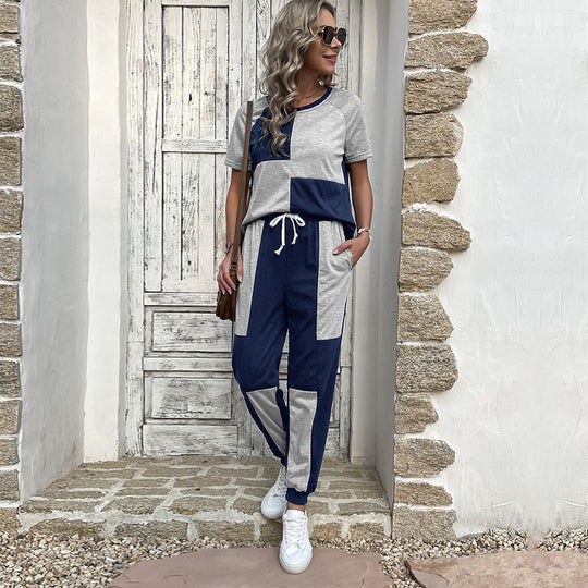 Damen Zweiteiler Freizeit-Set aus Baumwollmix mit Colorblock-Shirt und Jogginghose Shop Nory