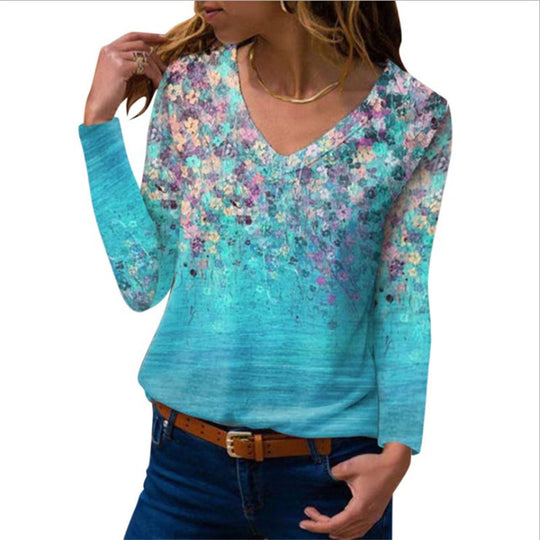 Damen Langarm V-Ausschnitt-Tunika mit floralem Aquarellprint und leichter Jersey-Qualität Shop Nory
