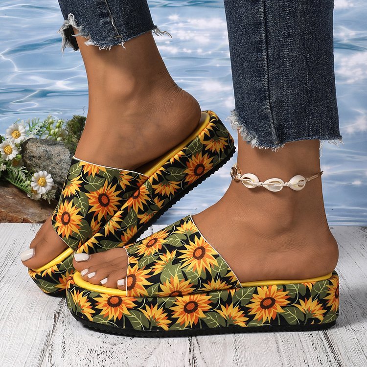 Damen Clogs mit elegantem Sonnenblumenmuster und komfortabler Plattform-Sohle Shopnory