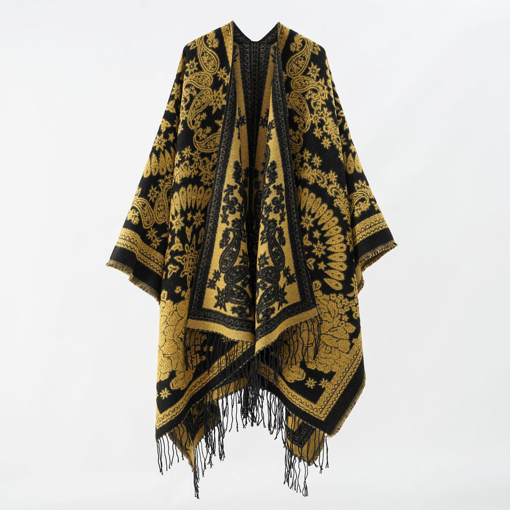 Damen Jacquard-Umhangponcho aus Wollmix mit beidseitigem Paisley-Jacquard und Fransen Shop Nory