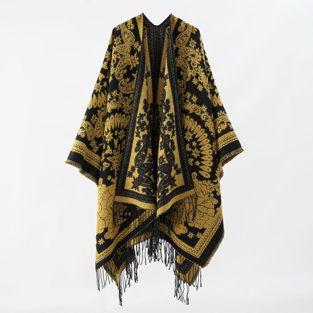 Damen Jacquard-Umhangponcho aus Wollmix mit beidseitigem Paisley-Jacquard und Fransen Shop Nory