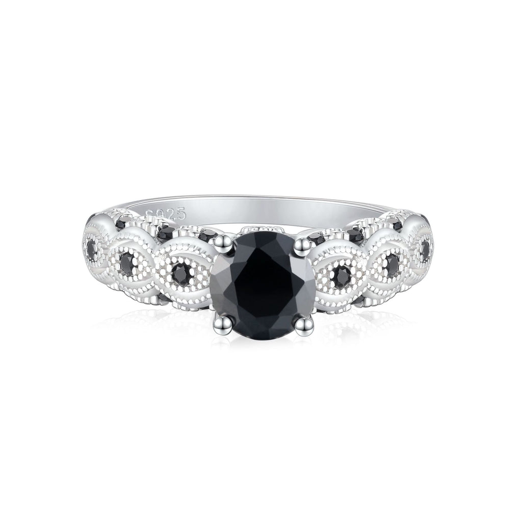 Damen eleganter Ring mit schwarz gefasstem Hauptstein und floralen Verzierungen Shop Nory