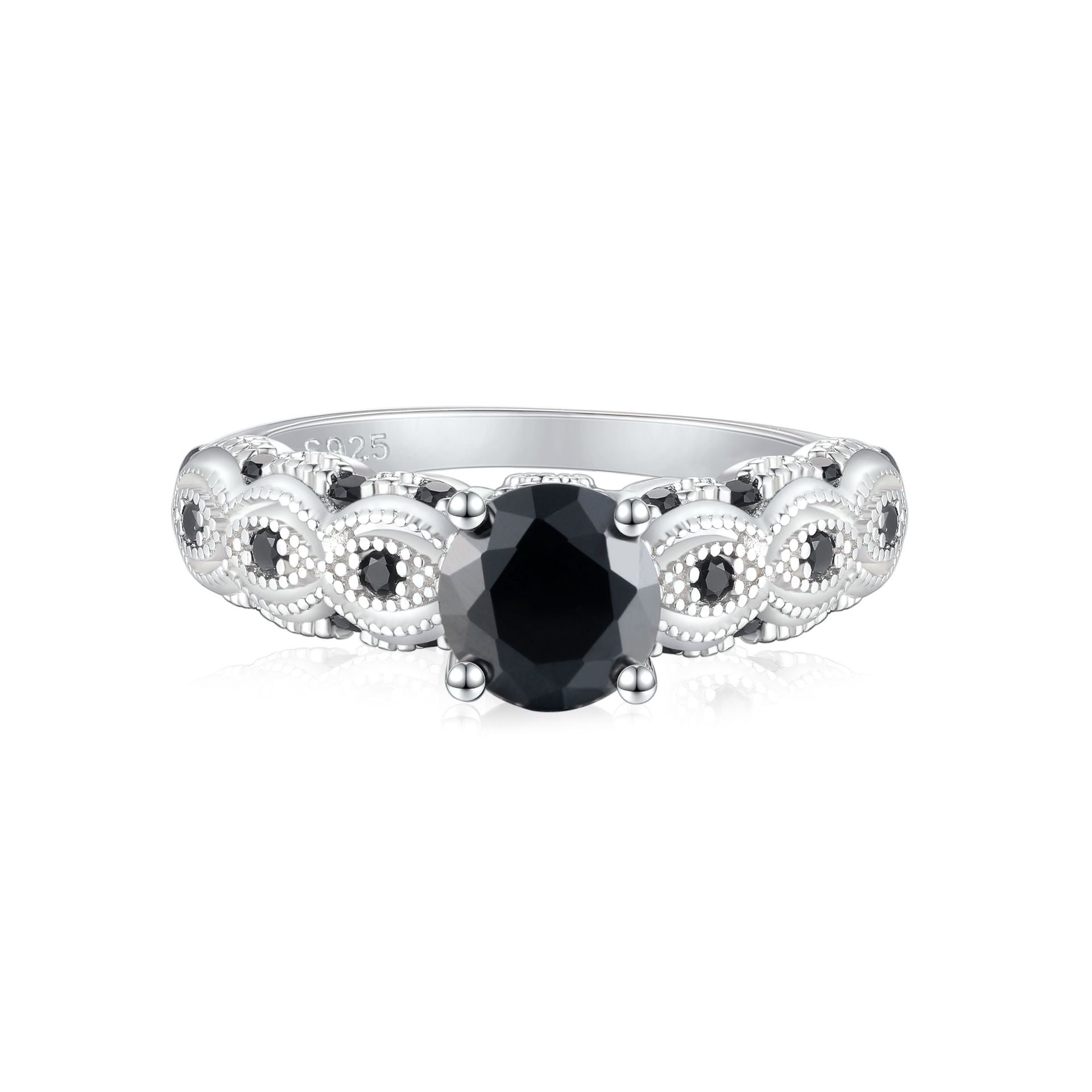 Damen eleganter Ring mit schwarz gefasstem Hauptstein und floralen Verzierungen Shop Nory