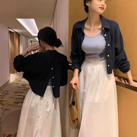 Damen Cropped Oversize-Hemdbluse aus Leinenoptik mit Rückenschlitz und Zierknopfleiste Shop Nory