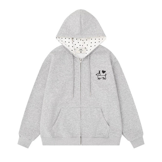 Damen Kapuzen-Sweatjacke mit gesticktem Dackel‑Motiv und gepunkteter Kapuzenfütterung Shop Nory
