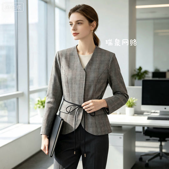Damen Taillierter Glencheck-Blazer mit V‑Ausschnitt und Wickelgürtel Shop Nory
