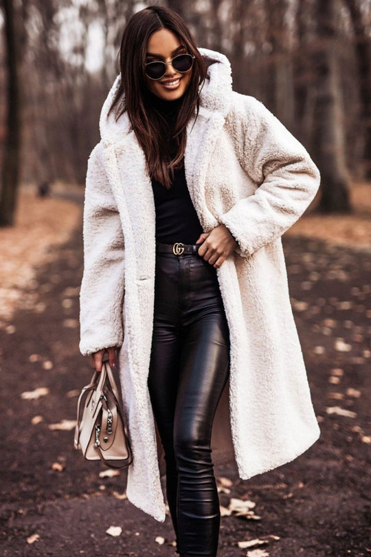 Damen weit geschnittener Teddy-Mantel mit Kapuze und Knopfverschluss Shop Nory