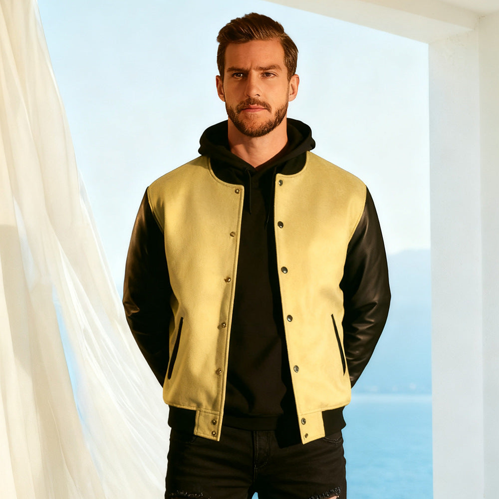 Herren Varsity‑Bomberjacke im College‑Stil mit Wollkörper und Lederärmeln Shop Nory