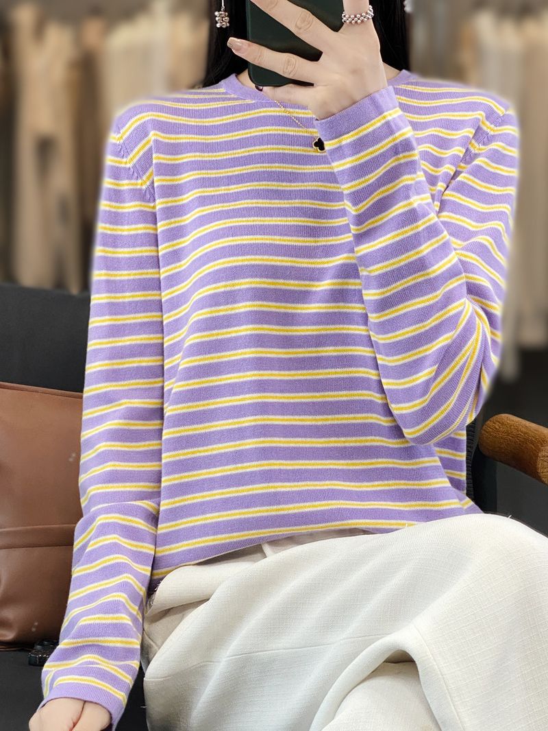 Damen Leichter Baumwollmix-Streifenpullover mit Rundhals, Raglanärmeln und lässiger Silhouette Shop Nory