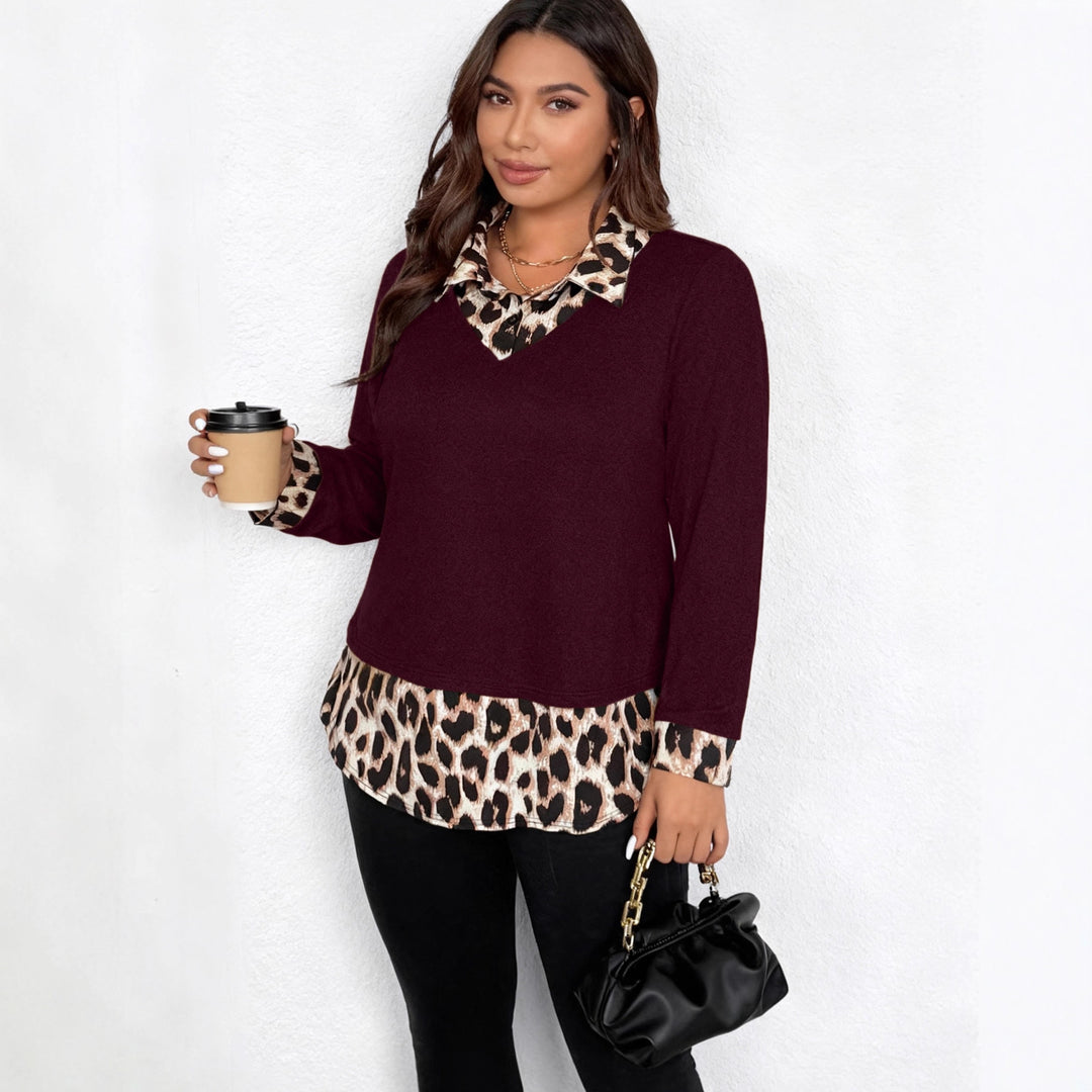 Damen Lagenlook-Pullover mit V-Ausschnitt und Leoprint-Blusen-Einsatz Shop Nory