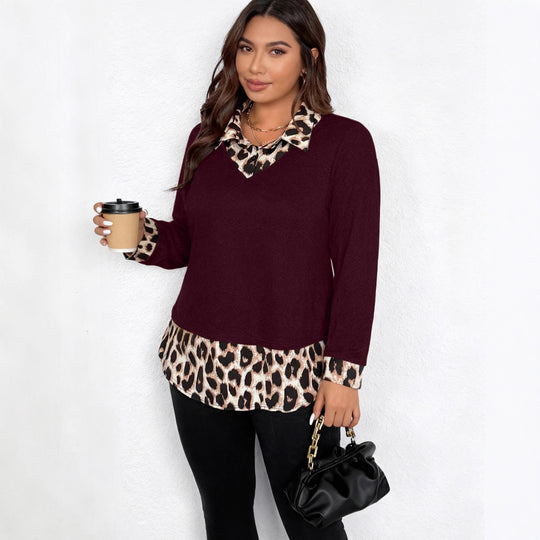 Damen Lagenlook-Pullover mit V-Ausschnitt und Leoprint-Blusen-Einsatz Shop Nory