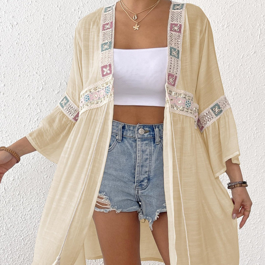 Damen luftiger Strandkimono mit floralen Stickereien