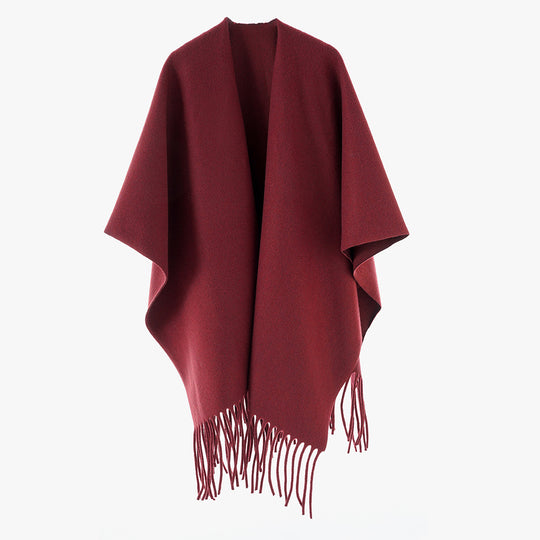 Damen Minimalistischer Wollcape-Überwurf mit Fransensaum und offenem Fall Shop Nory