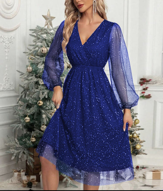 Damen Festliches Midikleid aus Glitzer‑Chiffon mit V‑Ausschnitt, tailliertem Gummibund und Ballonärmeln Shop Nory