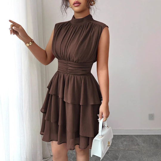 Damen Ärmelloses Chiffon-Stufenkleid mit Stehkragen und taillierter Raffung Shop Nory