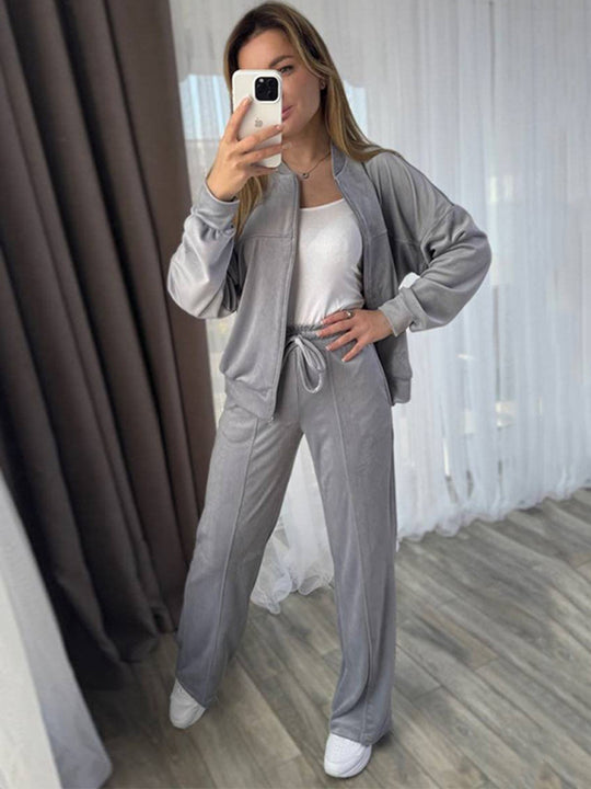 Damen Velours-Trainingsanzug mit Stehkragen und weitem Loungebund-Hosenbein Shop Nory