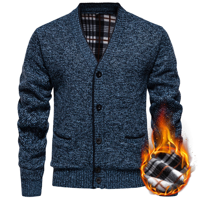 Herren Strukturierter V-Ausschnitt Strickcardigan mit kontrastierter Kante und kariertem Innenbesatz Shop Nory