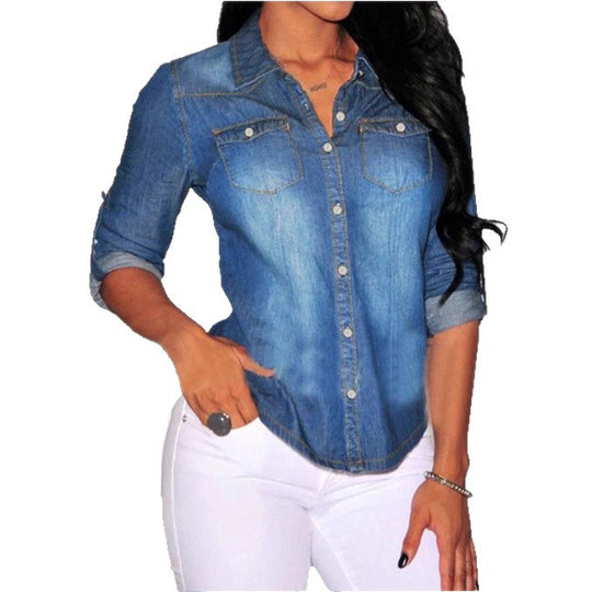 Damen taillierte Denim-Hemdbluse mit Brusttaschen und Perlmuttknöpfen Shop Nory
