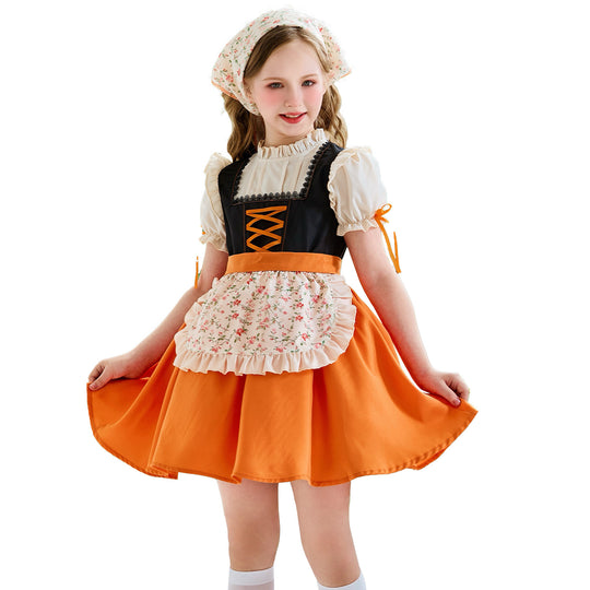 Damen nan traditionelles Kinderdirndl mit Schnürung, Rüschenschürze und Kopftuch Shop Nory