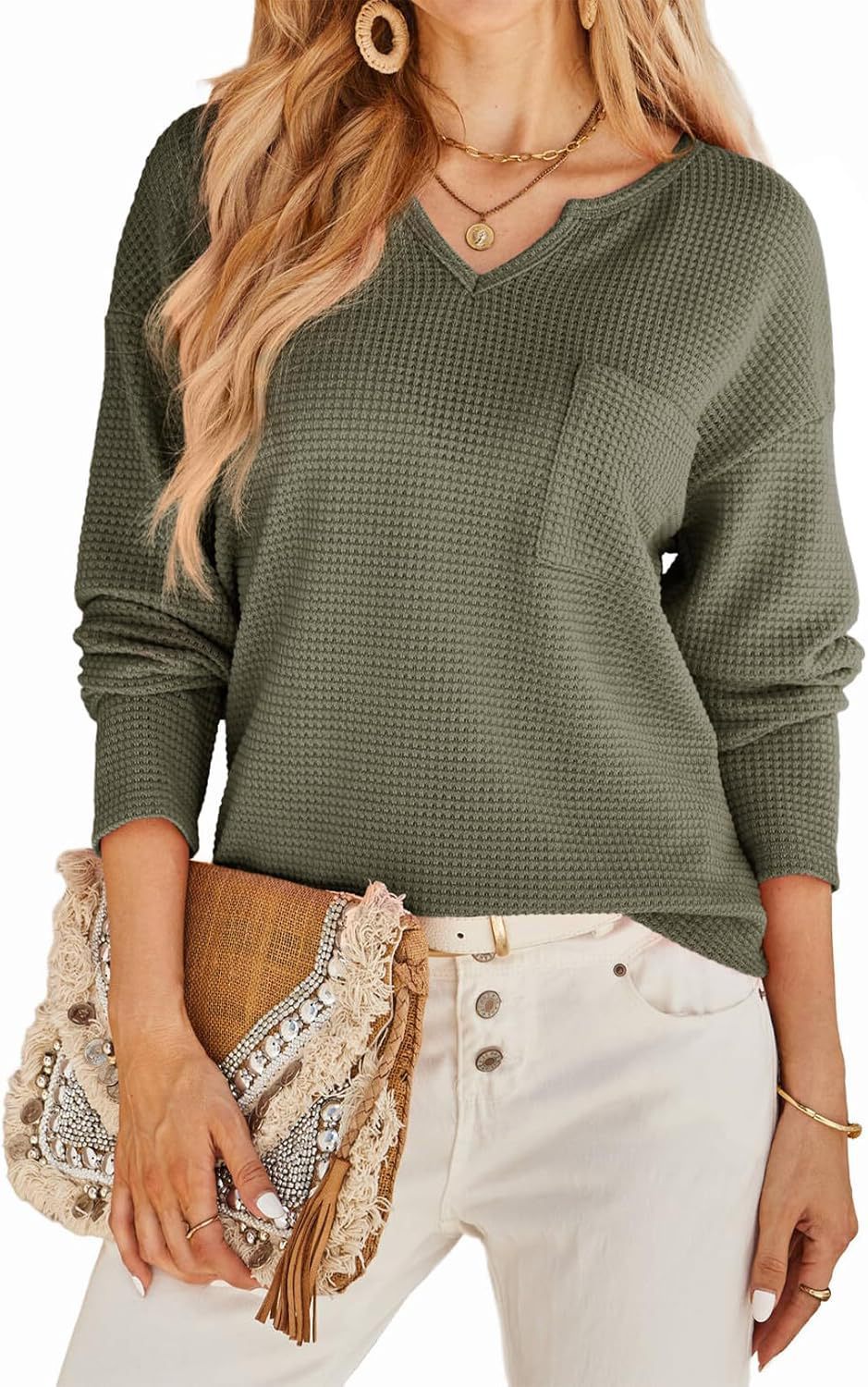 Damen Waffel-Strickpullover mit V-Ausschnitt, Brusttasche und lässiger Passform Shop Nory