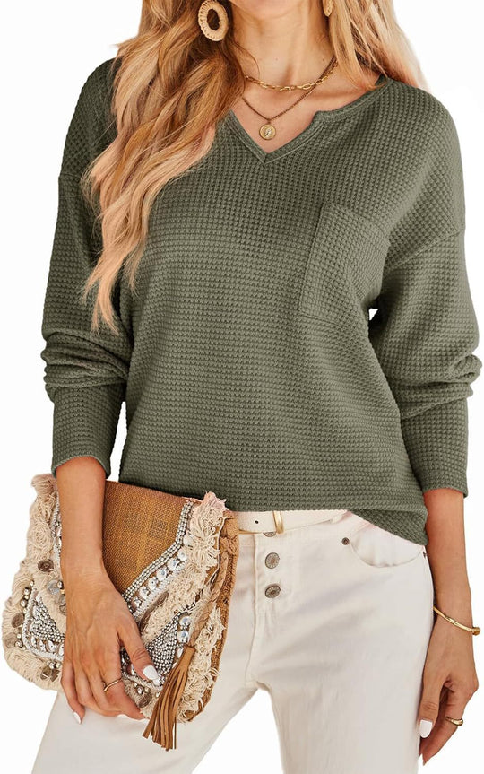 Damen Waffel-Strickpullover mit V-Ausschnitt, Brusttasche und lässiger Passform Shop Nory