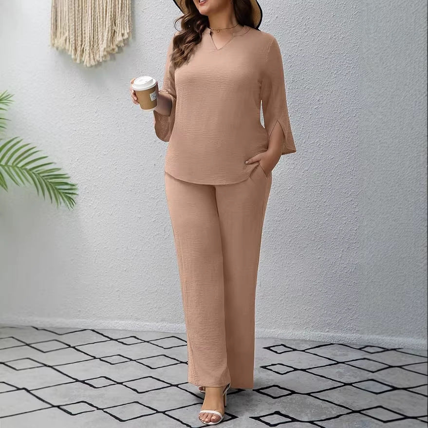 Damen Elegantes Zweiteiliges Palazzo-Set mit V‑Ausschnitt und geschlitzten 3/4‑Ärmeln Shop Nory