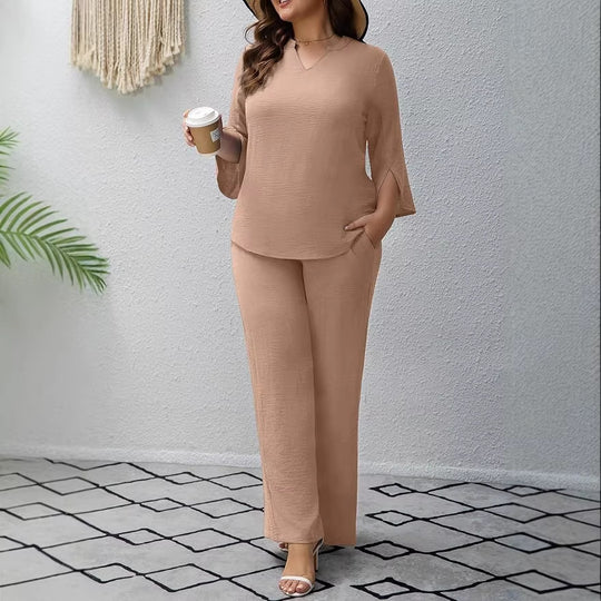 Damen Elegantes Zweiteiliges Palazzo-Set mit V‑Ausschnitt und geschlitzten 3/4‑Ärmeln Shop Nory